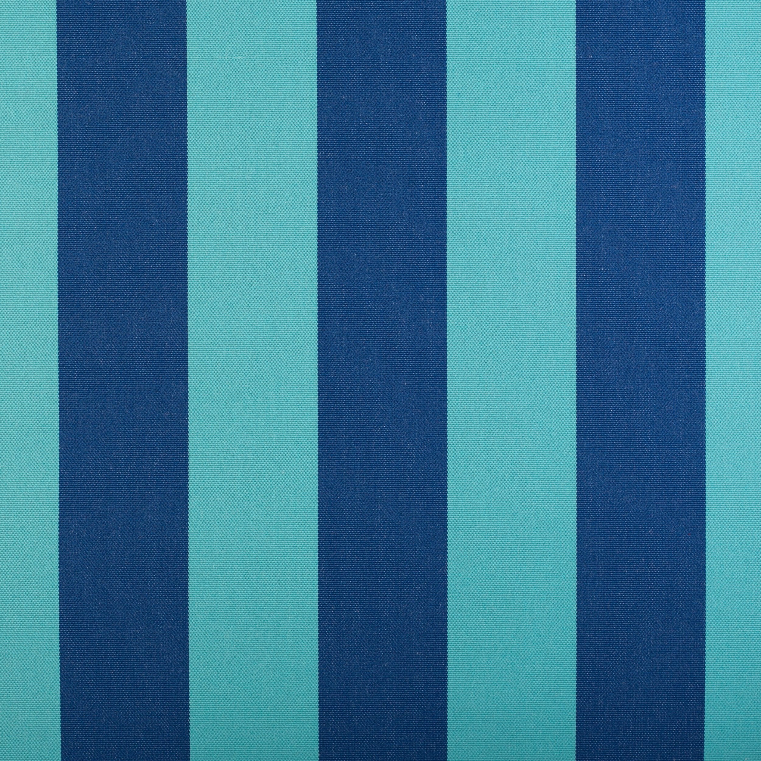 Teal and navy blue striped outdoor fabric designed for water and fade resistance.