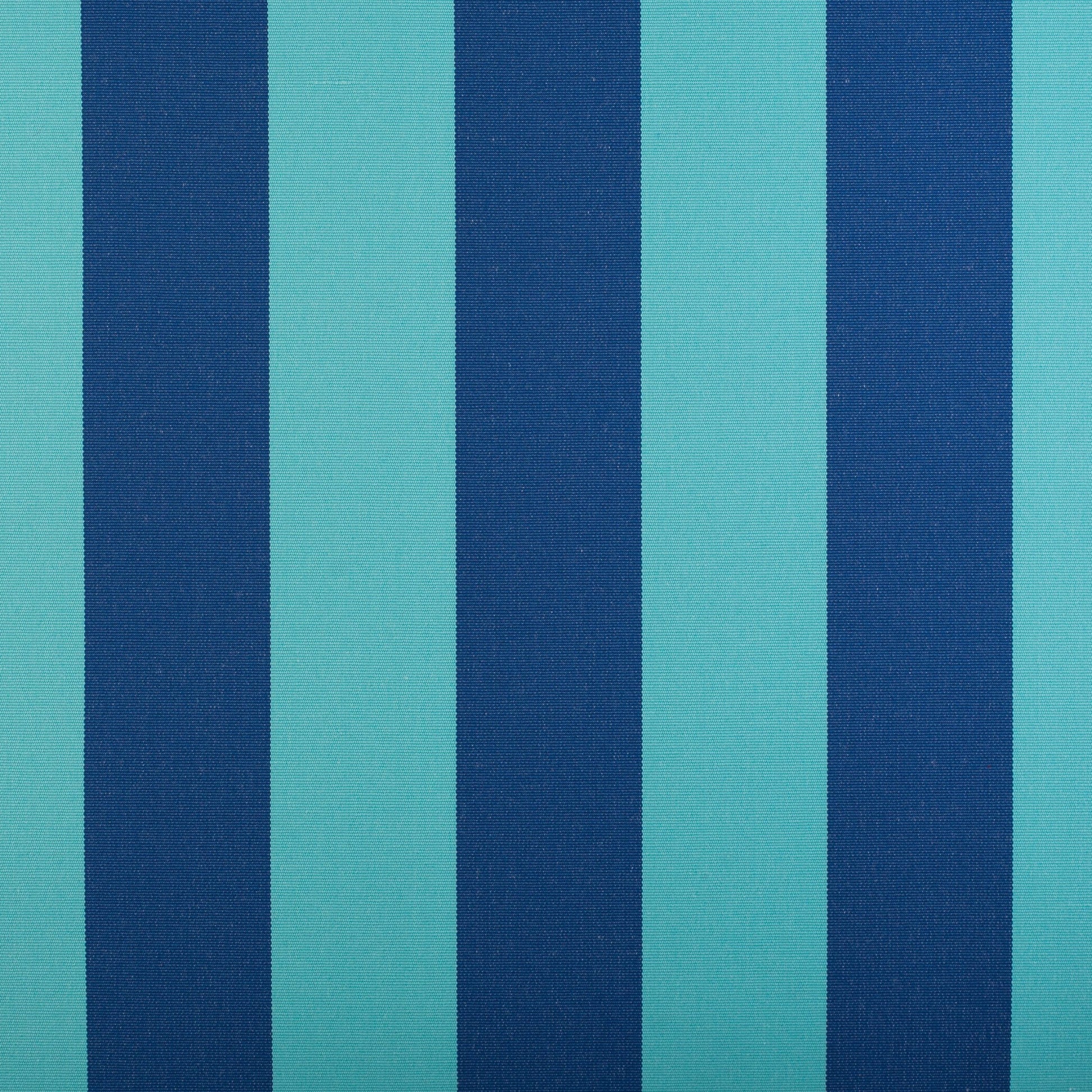 Teal and navy blue striped outdoor fabric designed for water and fade resistance.