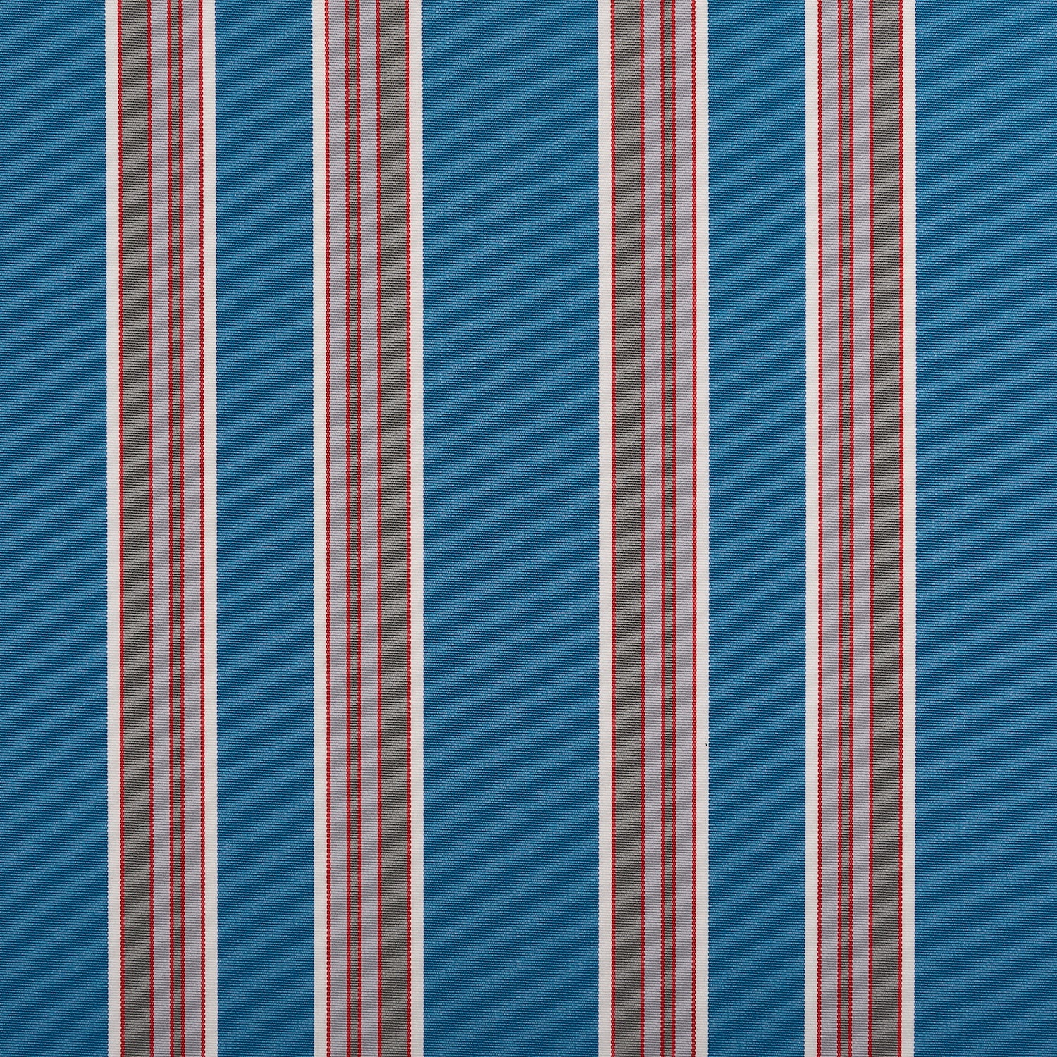 Blue fabric with thin red, white, and grey vertical stripes spaced evenly across the surface.