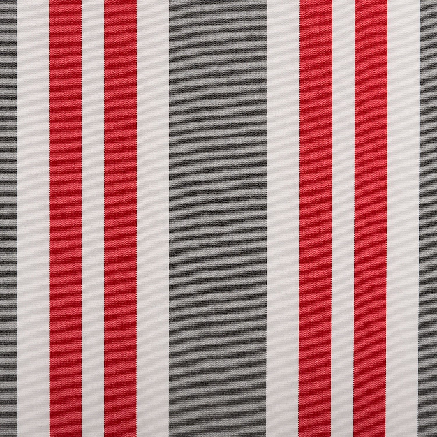 Grey outdoor fabric with bold vertical red and white stripes in a symmetrical layout.