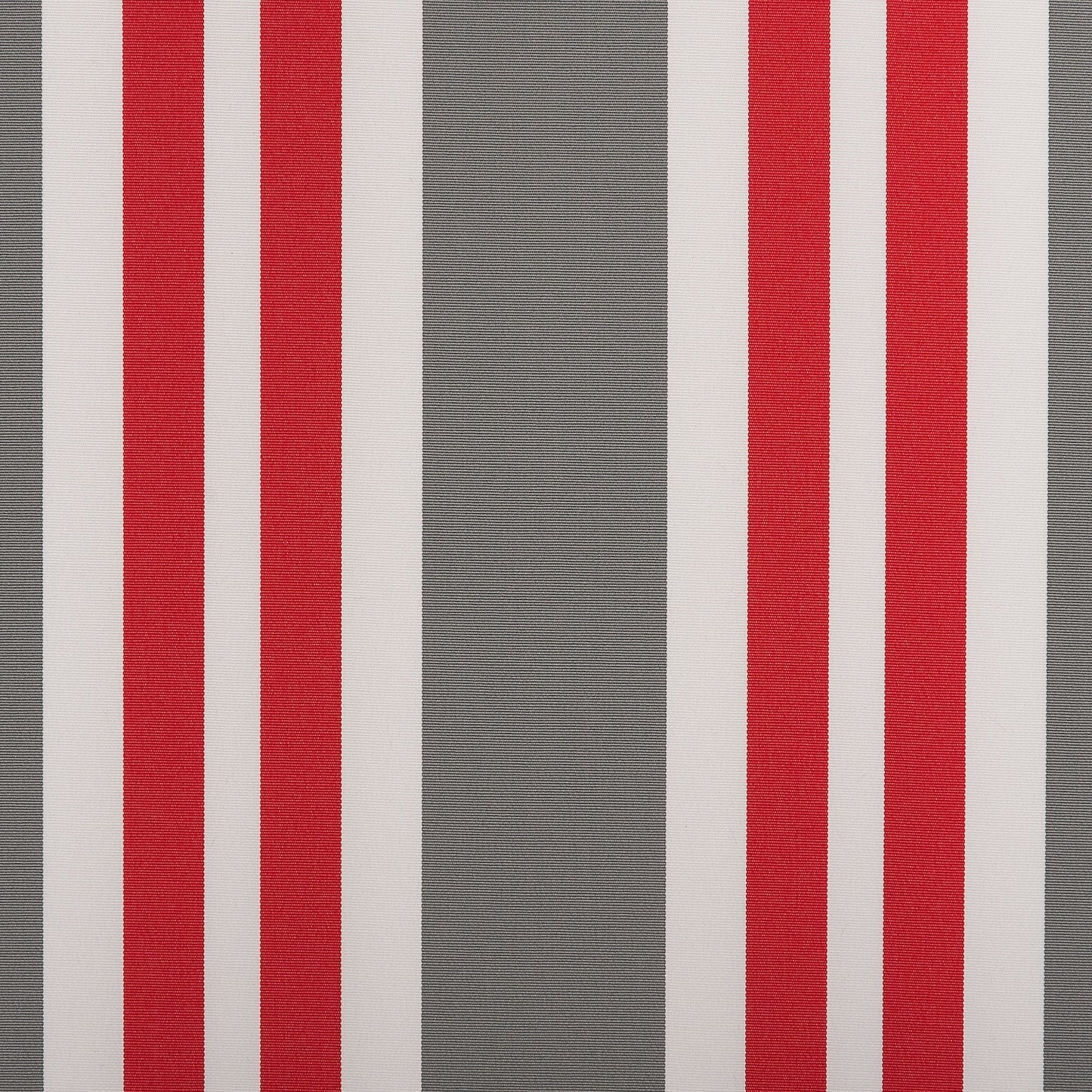 Grey outdoor fabric with bold vertical red and white stripes in a symmetrical layout.