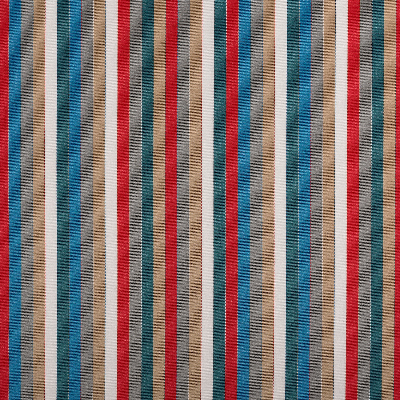Multicolour fabric with narrow vertical stripes in red, white, beige, teal, and blue.