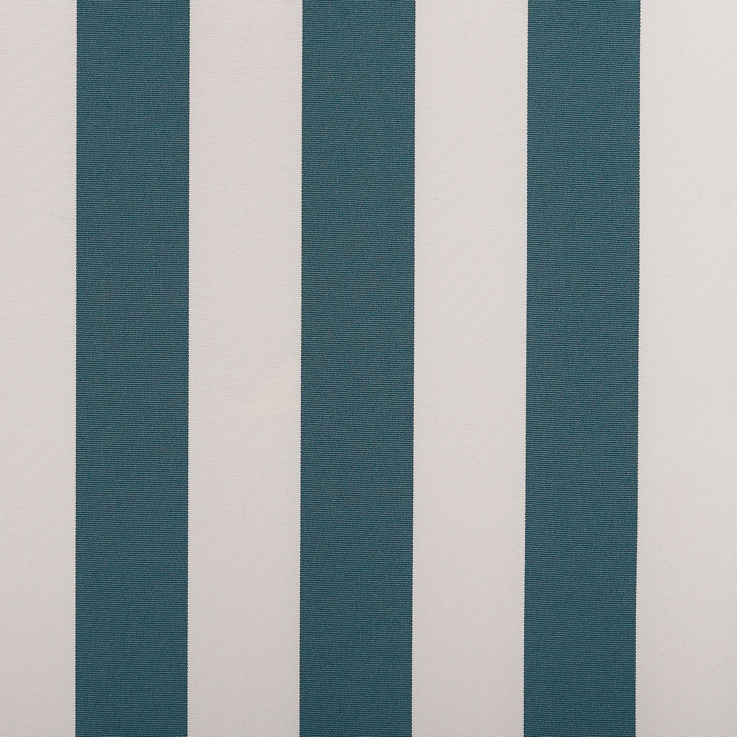 Sundowner fabric swatch in Petrel โ bold vertical stripes in deep teal and stone beige, offering a modern yet classic outdoor aesthetic.